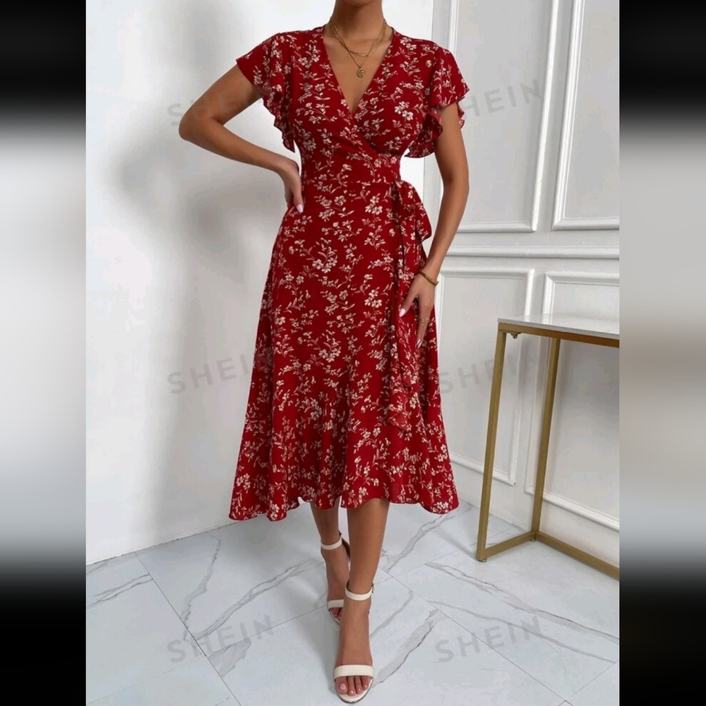 Floral Flutter Sleeves Tie-waist Midi Dress